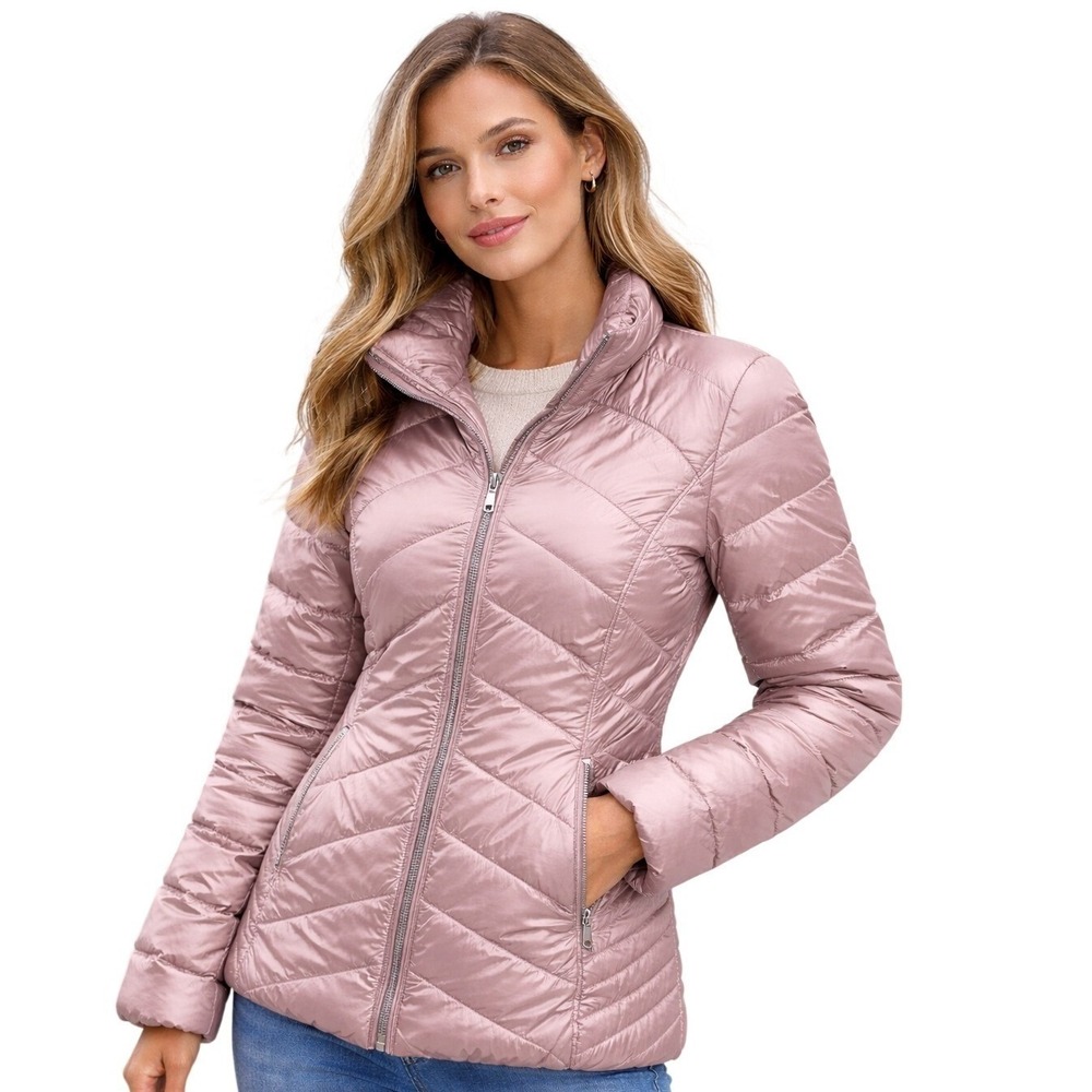 Karl Lagerfeld Paris Women's Quilted Puffer Jacket S Blush Hooded Coat winter